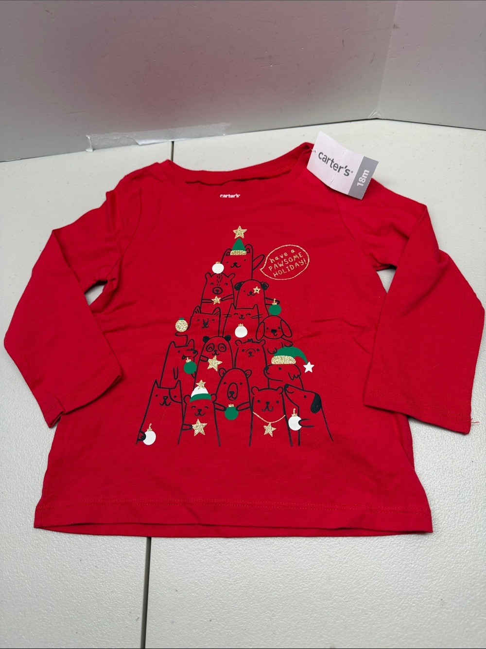 Carter's Red Long-Sleeve Holiday Animal Tree Top. NWT